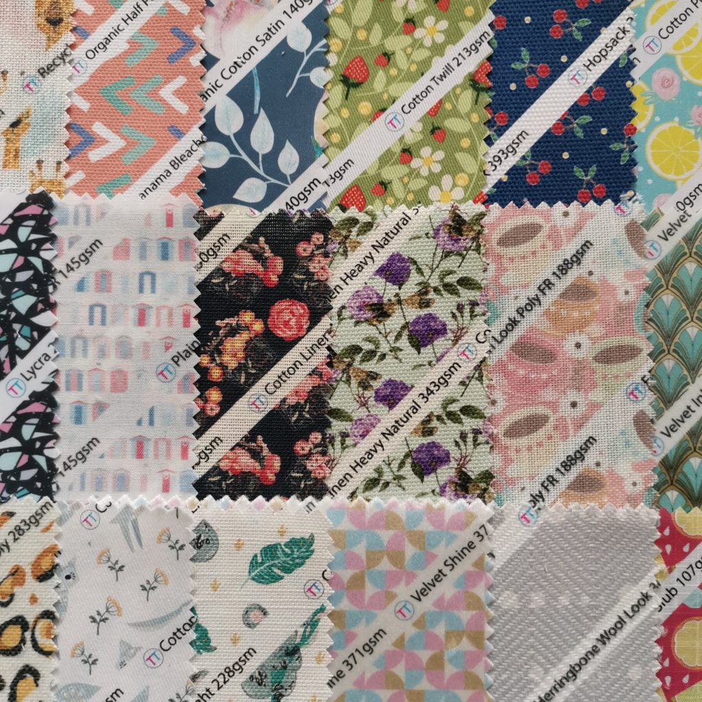 Varied colour swatches of digitally printed fabrics