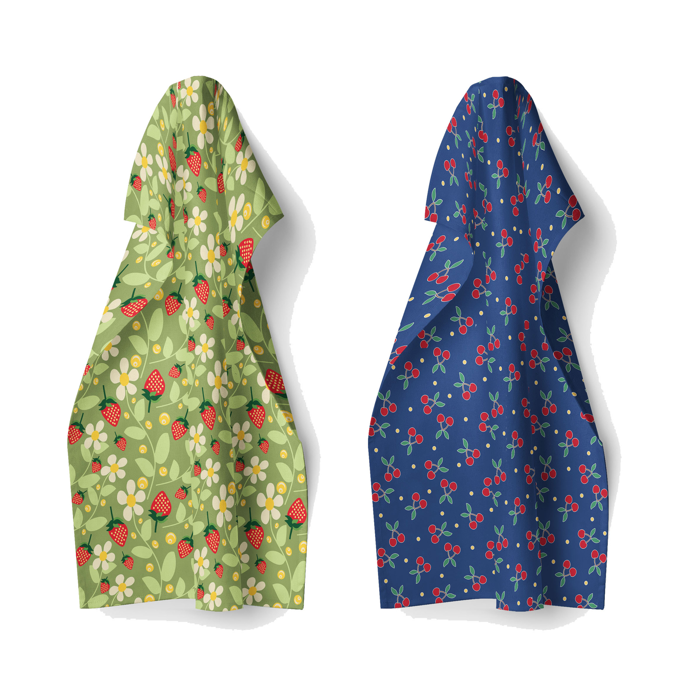 Full colour printed tea towels hanging on hooks