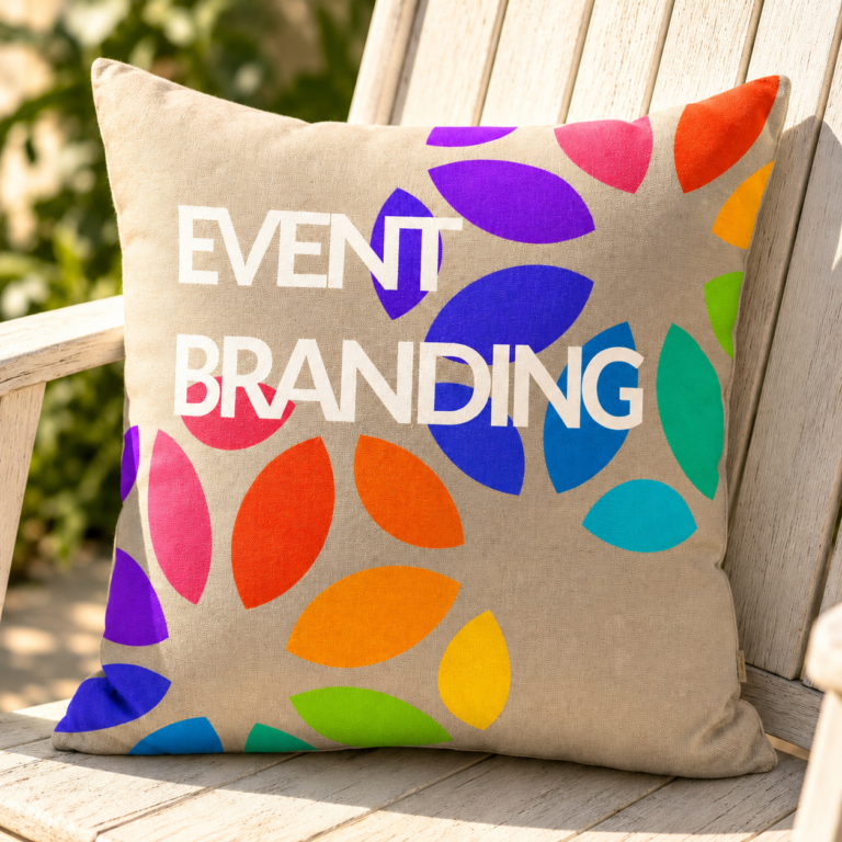 Outdoor custom printed cushion on a chair.