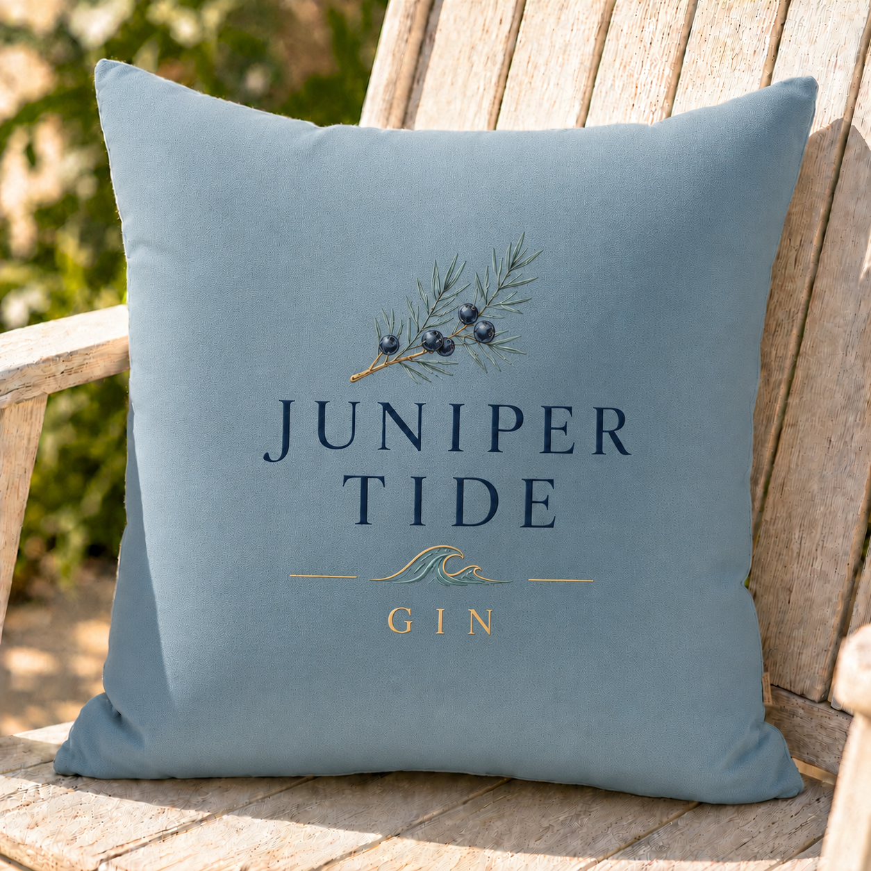 branded printed cushion with a gin company logo in use outdoors