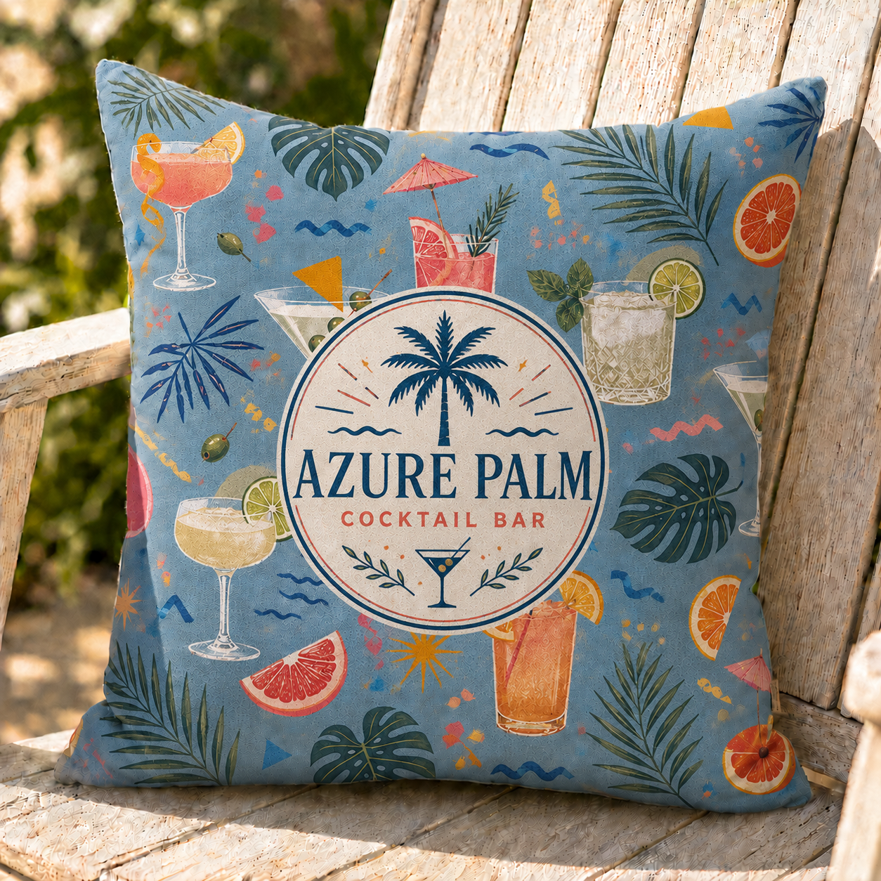 Full colour outdoor cushion on an outdoor chair