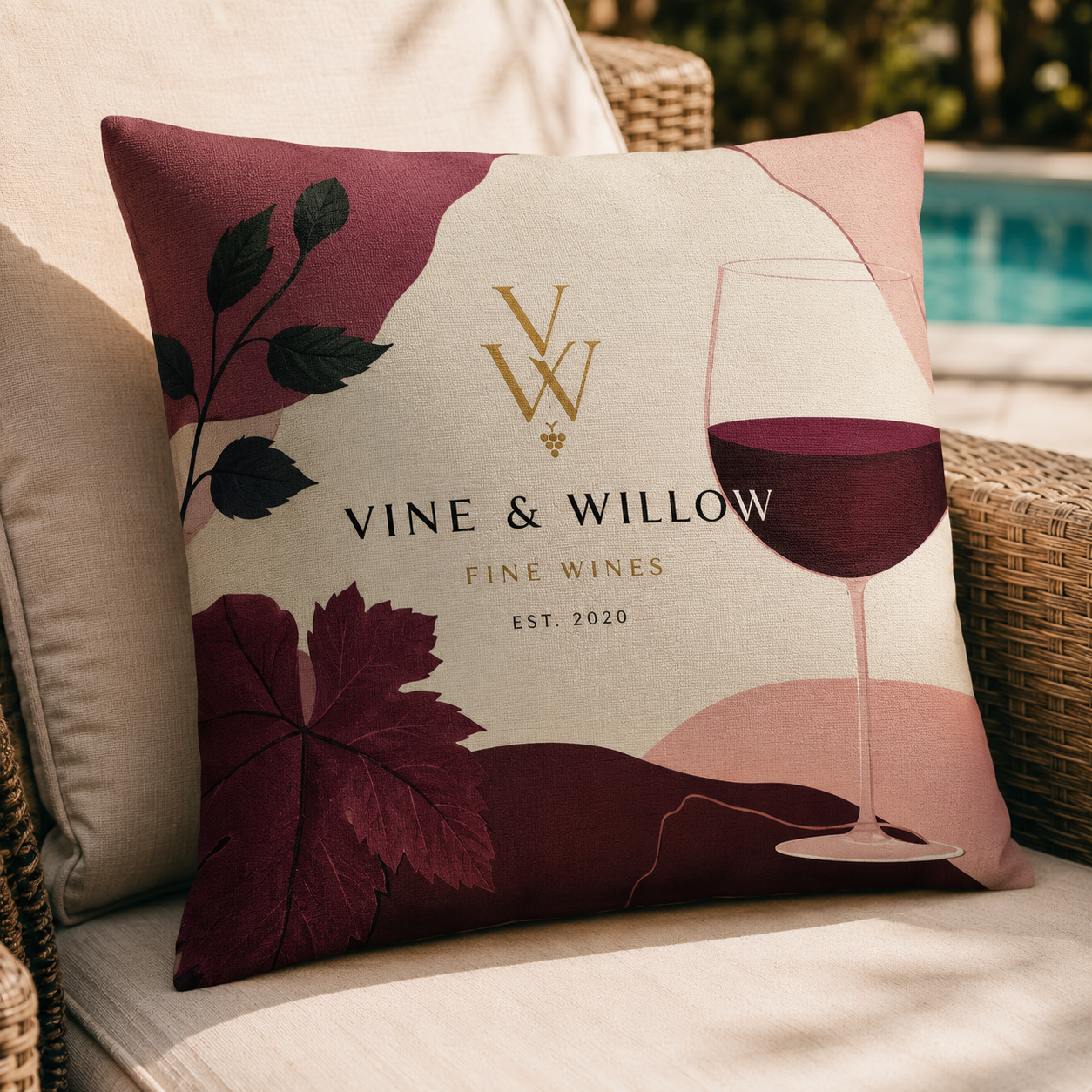 Outdoor chshion located by a pool advertising a wine brand.