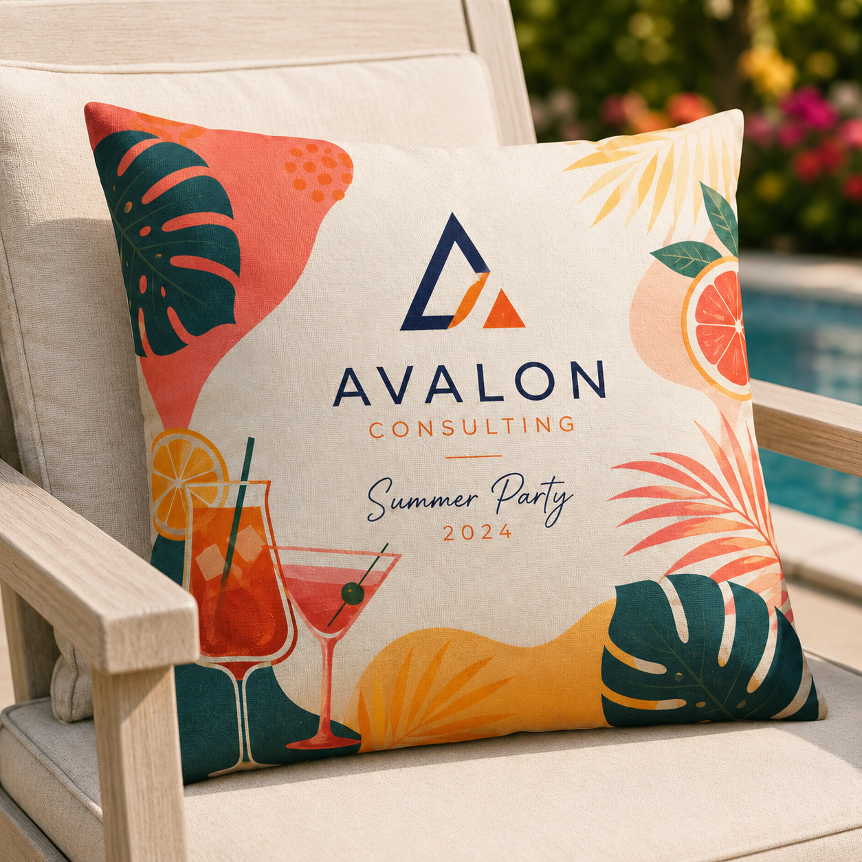 Outdoor custom printed cushion on a seat printed for a party event.