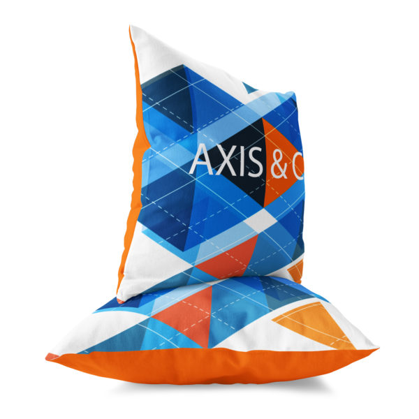 A pair of cushions printed with a corporate logo for a coonference
