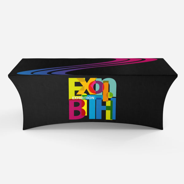 Black custom printed stretch spandex tablecloth