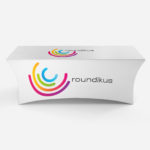 White stretchy tablecloth with custom logo printed