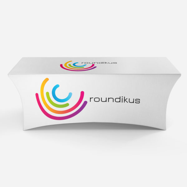 White stretchy tablecloth with custom logo printed