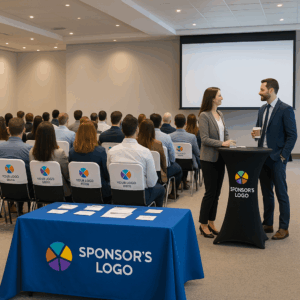 Conference room with branded sponsorship items