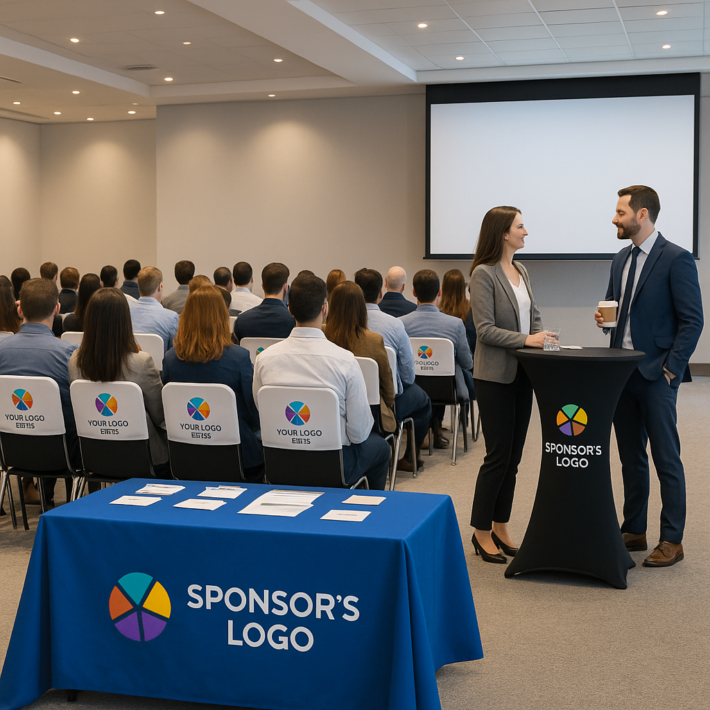Conference room with branded sponsorship items