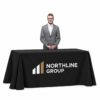Black printed tablecloth with a generic Northline Group corporate logo, displayed on a rectangular table