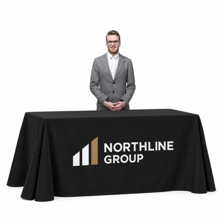 Black printed tablecloth with a generic Northline Group corporate logo, displayed on a rectangular table