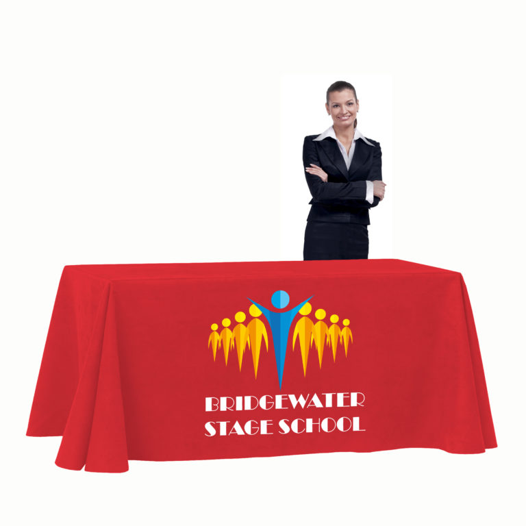 Printed tablecloth with school logo printed on front