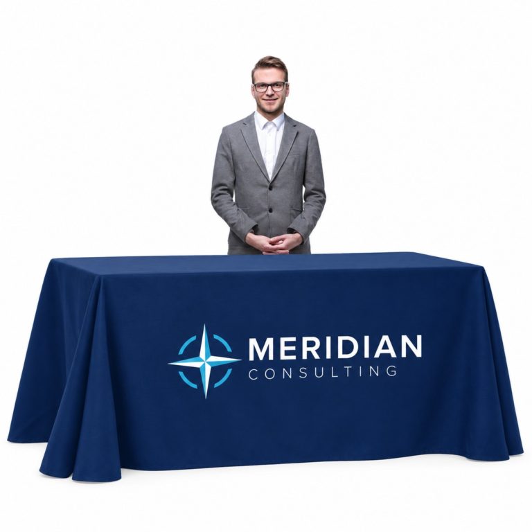 Navy printed tablecloth with a generic Meridian Consulting corporate logo, displayed on a rectangular table