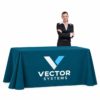 Teal printed tablecloth with a generic Vector Systems corporate logo, displayed on a rectangular table