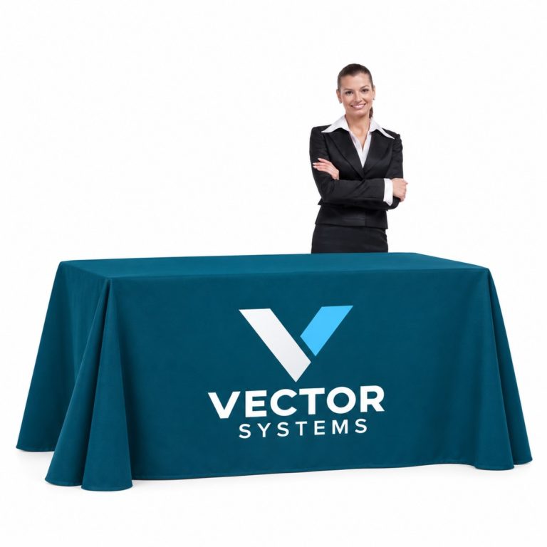 Teal printed tablecloth with a generic Vector Systems corporate logo, displayed on a rectangular table