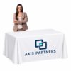 White printed tablecloth with a generic Axis Partners corporate logo, displayed on a rectangular table