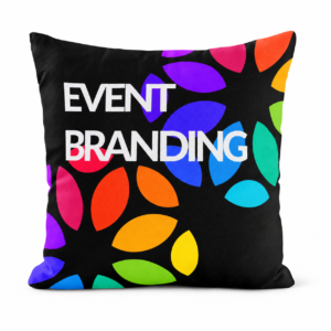 Black printed cushion with colourful Event Branding design on a white background