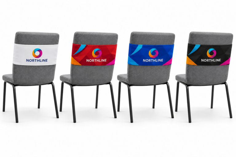 Printed chair bands in white, red, blue and black, showing the exposed grey chair backs above and below the bands.