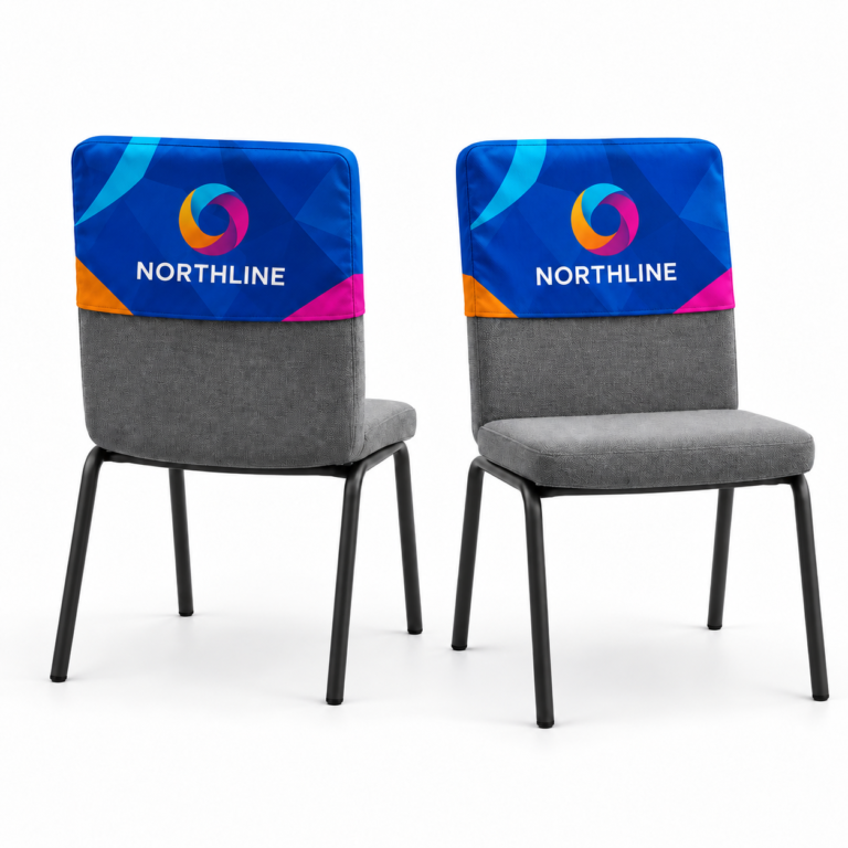 Front and rear views of royal blue all-over printed chair caps with a full-colour Northline logo on both faces.