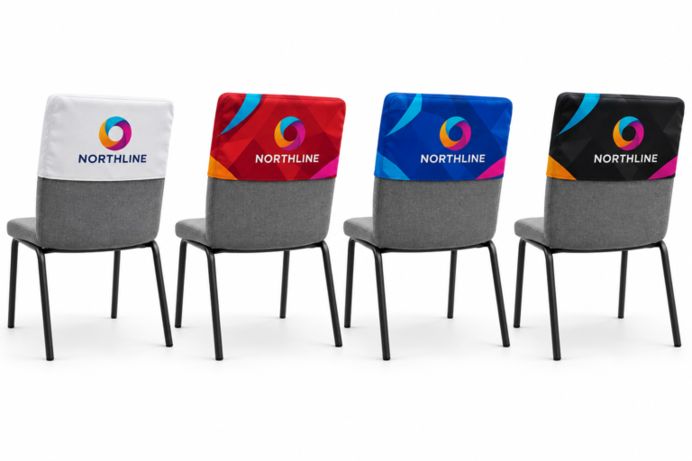 Grey conference chairs with printed caps in white, red, blue and black, featuring a generic full-colour Northline logo.