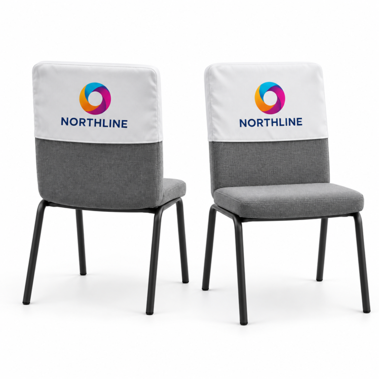 Front and rear views of white printed chair caps illustrating a full-colour logo printed on either face.