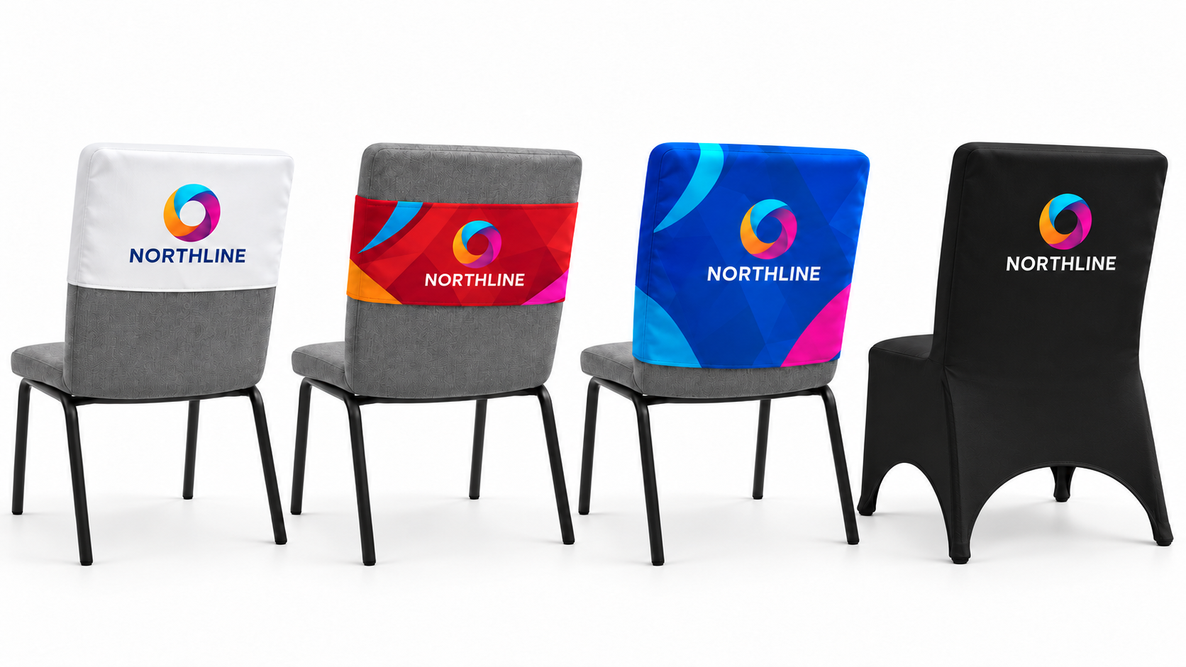 Four printed chair-cover styles: white cap, red band, blue hood and black fitted stretch chair cover with generic Northline branding.