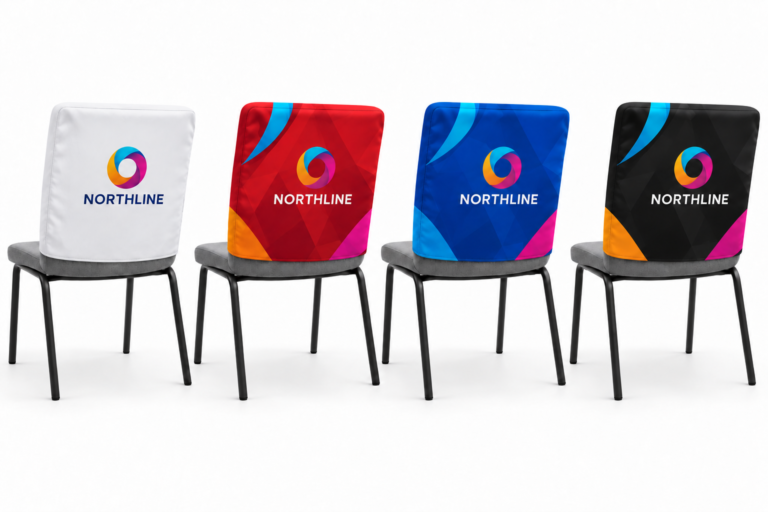 Full-back chair hoods in white, red, blue and black with generic Northline branding; grey seats and legs remain exposed.