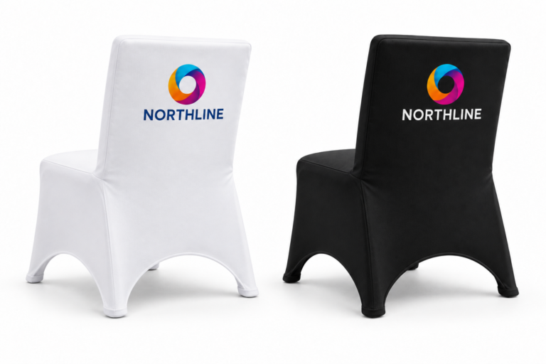 White and black fitted stretch chair covers with curved hems and covered chair feet, each printed with a full-colour Northline logo.