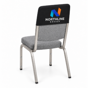 Black printed chair cap with a colourful Northline Group logo on a squared grey fabric chair, on a white background