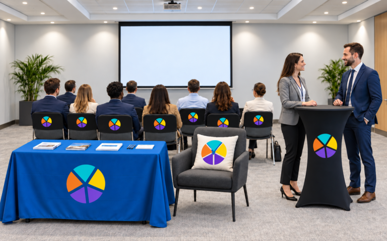 Conference setting with branded black chair caps, a printed blue tablecloth, a branded cushion on an armchair and a tall black poseur table cover