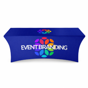 Blue printed stretchy tablecloth with colourful Event Branding design on a white background